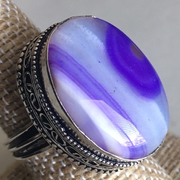 New Purple Botswana Agate Stone Silver Overlay Vintage Style Ring Size 7.75 - Picture 3 of 11
